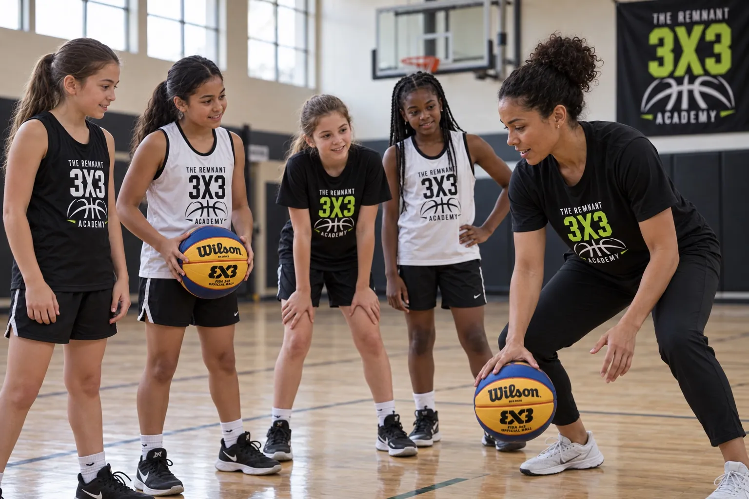 Illustrative scene of girls learning basketball with a coach