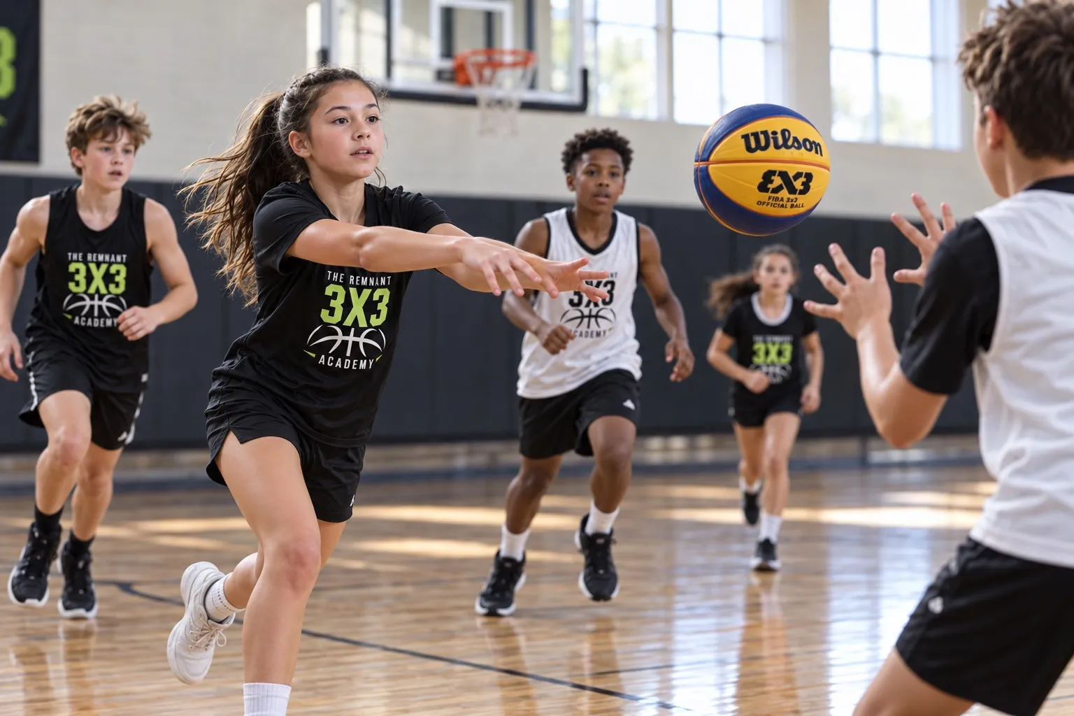 Illustrative scene of boys and girls practicing a basketball pass in an indoor gym