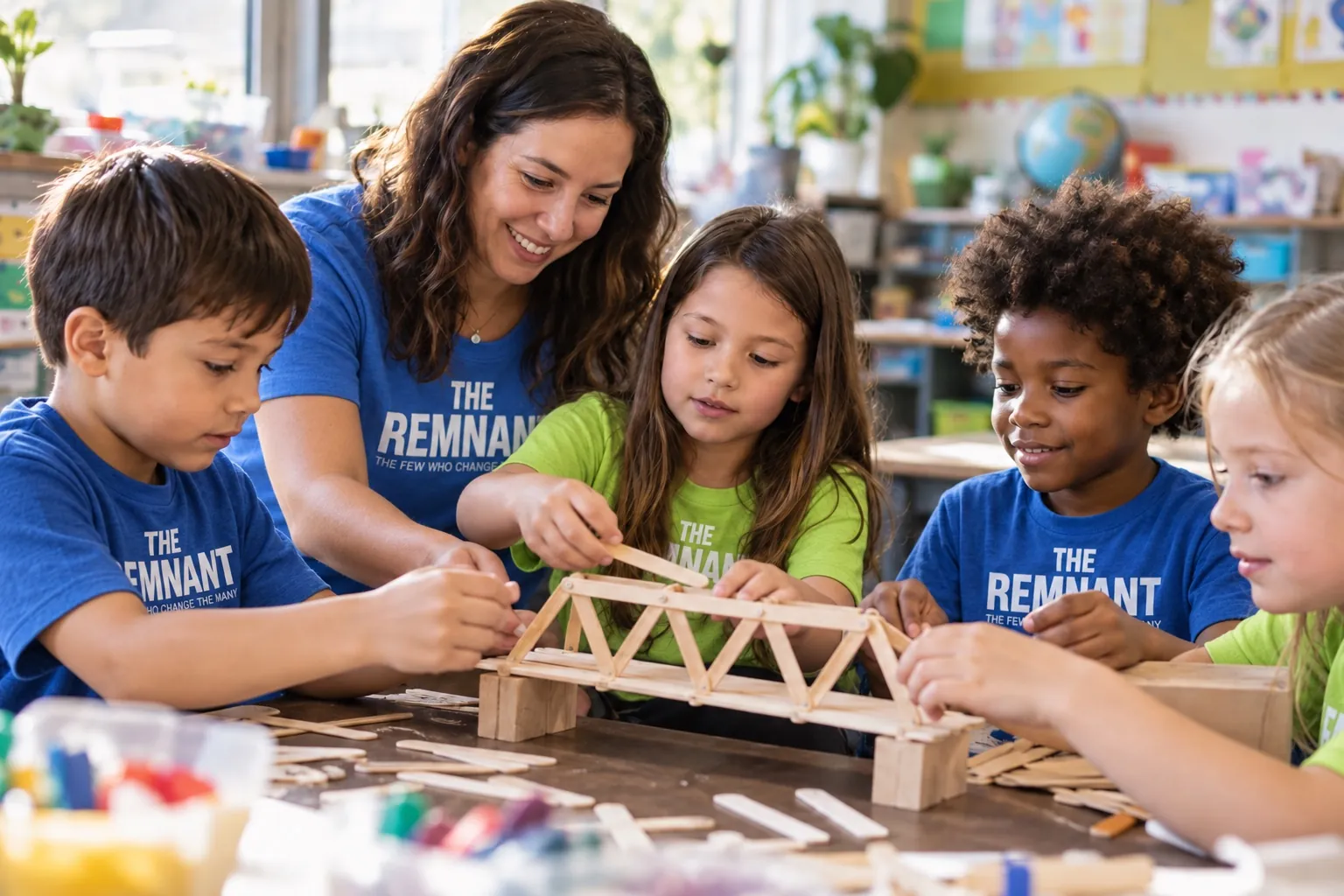 Illustrative scene of children building a craft-stick bridge together
