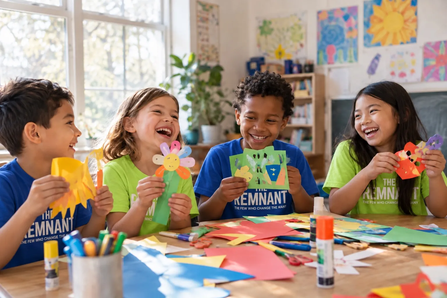 Illustrative scene of elementary children sharing colorful craft projects